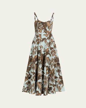 Oscar De La Renta Sleeveless Chine Hibiscus Cotton Poplin Midi Dress