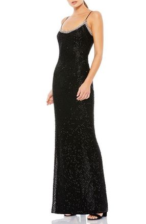 Mac Duggal Rhinestone Encrusted Scoop Neckline Beaded Gown in Black at Nordstrom, Size 10