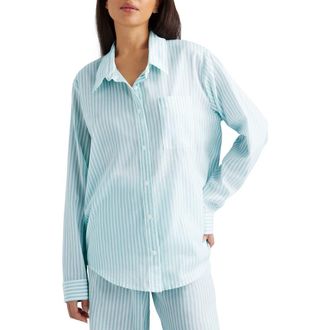 Tommy John Stripe Woven Button-Up Sleep Shirt in Turquoise Stripe at Nordstrom, Size X-Large
