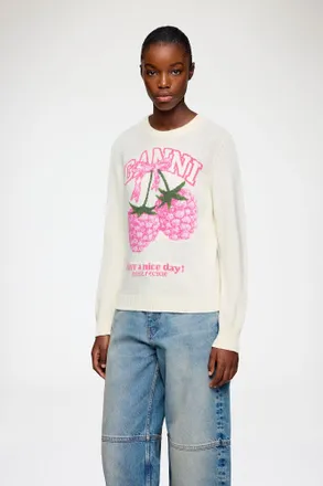 Ganni White Jumper in Graphic Wool