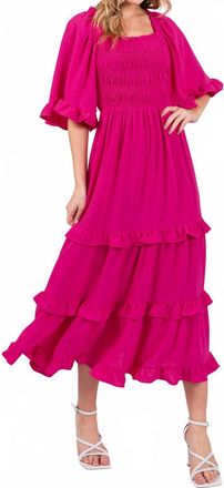 She + Sky Bell Sleeve Square Neck Smocked Tiered Midi Dress In Ruby Red