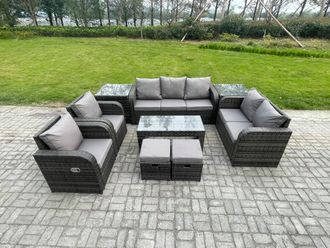 Fimous 9 Seater Outdoor Rattan Garden Furniture Set Rattan Lounge Sofa Set with Rectangular Coffee Table 2 Side Tables 2 Small Footstools in Dark Grey