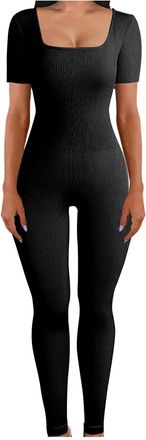 Generic Dungarees for Women UK Womens Jumpsuits Short Sleeve Bodysuit for Women Ribbed Set Bodycon Jumpsuit for Women Ribbed Low-Neck Short-Sleeve Hip-Lifting