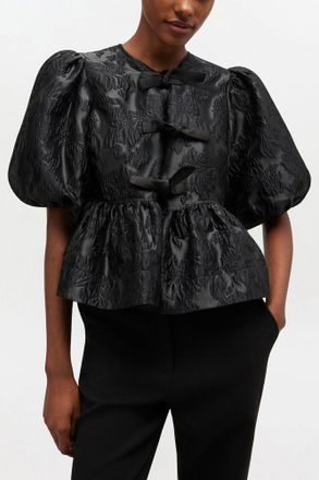 Ganni Satin Peplum Tie Blouse - Size 42 Black
