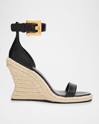 Balmain 85mm Anthem Leather Espadrille Wedge Sandals