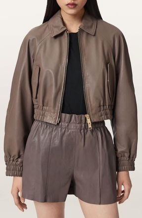 AllSaints Anouk Leather Crop Bomber Jacket in Mole Brown at Nordstrom, Size X-Small