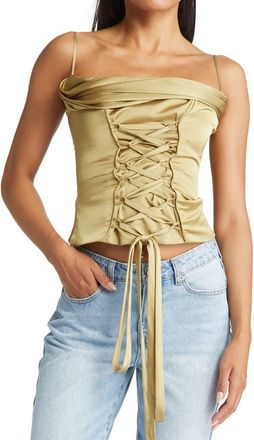 House of CB Letitia Lace-Up Satin Corset Top in Olive at Nordstrom, Size X-Small D