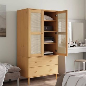 Berkfield Home Wardrobe SENJA Rattan Look Brown 90x55x175 cm Solid Wood Pine | Size: 90 x 55 x 175 cm