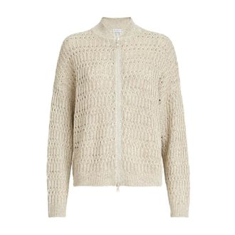 Brunello Cucinelli Truien & Vesten, Dames, Beige, L, High-neck Cardigan met Ritssluiting