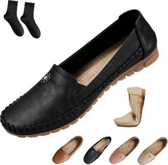 Generic Orthopedic Leather Shoes, Lightweight, Anti-Slip, Breathable for Women Fashion Slip On Stitched Flat-Soled Casual Soft Leather Loafers with Flower (Bl