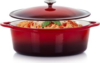 MegaChef 7 Quarts Oval Enameled Cast Iron Casserole in Red at Nordstrom
