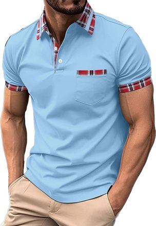 Generic Mens Plaid Collar Golf Polo Shirts Simple Short Sleeve Polo Shirt Business Formal Shirt Lightweight Work Polo Shirts Set-in Neck T-Shirt Casual Polo T
