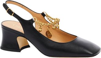 Chlo&eacute; Womens Black Pumps With Logo Charm And Wide Heel Calf