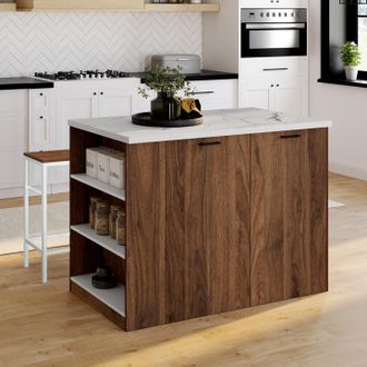 IDMarket Isla Central Tibo 120 Cm En Madera Efecto Nogal Oscuro Con Encimera Efecto M&aacute;rmol Alaska