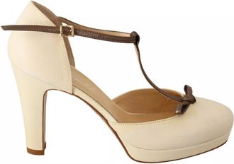 Sergio Levantesi Beige T-Strap Block Heels Pumps Leather Womens Shoes (Pre-Owned)
