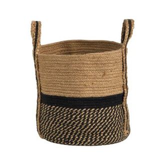 Nearly Natural 13-in Boho Chic Basket Natural Jute Basket Planter, Black Bottom Natural Top with Handles in Beige/black at Nordstrom