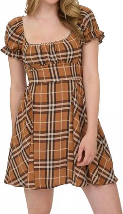 Blu Pepper Plaid Short Puff Sleeve Mini Dress In Brown Multi
