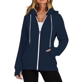 Generic Womens Pullover Hoodies Winter Oversized Warm Tops Womens Fall/winter Solid Color Long Sleeve Pocket Drawstring Hoodie Zipper Thumb Hole Hoodie Tunic 