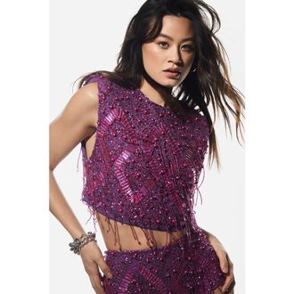 NASTY GAL Embellished Tassel Beaded Crop Top in Magenta Pink at Nordstrom, Size 10
