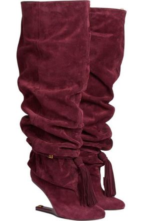 Balmain No Wedge suede leather thigh-high boots with tassel in Red at Nordstrom, Size 38