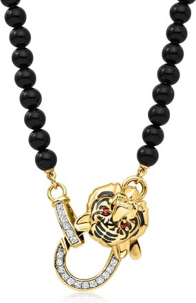 Ross-Simons 4mm Black Agate Bead and. Lab-Grown Diamond Tiger Necklace With Garnets and Black Enamel in 18kt Gold Over Sterling
