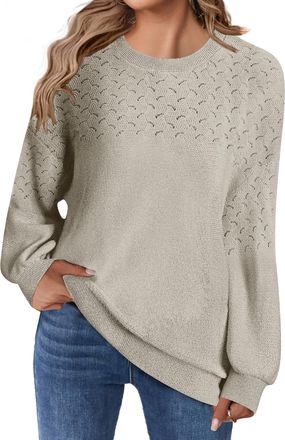 Zeagoo Womens Jumper Casual Lantern Long Sleeve Crewneck Sweaters Solid Color Crochet Knit Loose Pullovers Tops Light Brown XXL
