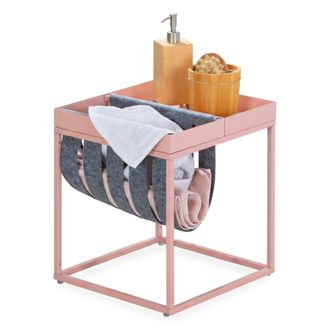 Dmora Table Basse En M&eacute;tal Peint Rose, Avec Porte-revues En Laine Bouillie, 35x35x40 Cm - Dmora