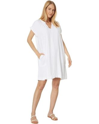Splendid Shiloh Shift Dress Womens White Seam Pockets Split Neck JDM668