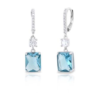 MAX + STONE Sterling Silver Emerald Cut 8x10MM Simulated Aqua and White Topaz Leverback Earrings