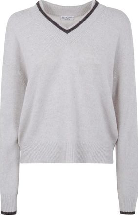 Brunello Cucinelli V-hals Kasjmier Trui - Dames - Cashmere truien - Grijs - L - Kasjmier - Truien & Vesten