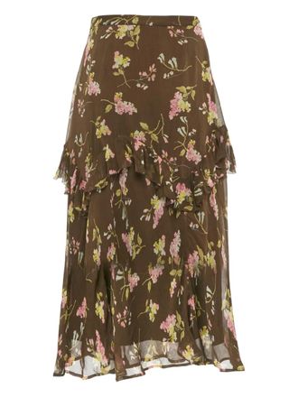 Ralph Lauren floral-print ruffle midi skirt - women - Viscose/Polyester - M - Brown