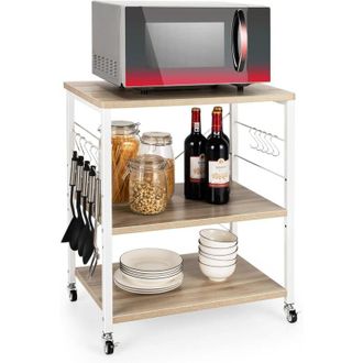 Costway Costway Estante Para Pasteler&iacute;a Con 3 Niveles, Carrito De Cocina Con 10 Ganchos Removibles, Estante Con Estructura De Metal Para Microondas Con Ruedas