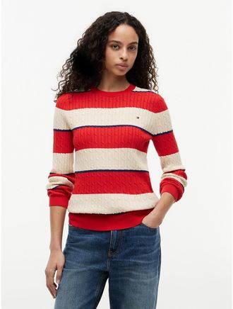 Tommy Hilfiger Womens Rugby Stripe Cable Knit Sweater - Red - XXL