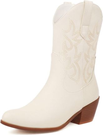 Generic Plus - Size Womens Retro Embroidered Western Cowboy Mid - Calf Boots, Chunky Heel Slip - On, Riding Style,Beige Velvet Lining,12 UK