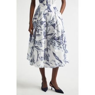 Erdem Print Pleated Cotton Midi Skirt in Botanical Engraving Ivory at Nordstrom, Size 12 Us