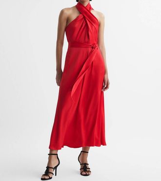 Reiss Vida Satin Halter Neck Dress In Red