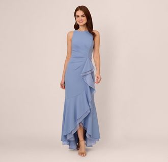 Adrianna Papell High Low Crepe Halter Gown With Organza Draping In French Blue