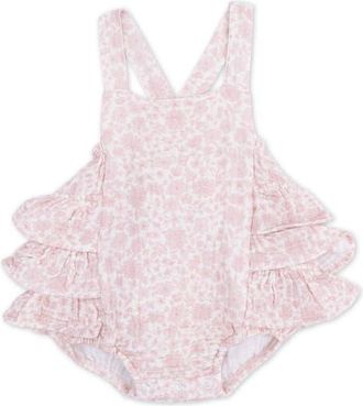 Angel Dear Harper Floral Cotton Muslin Ruffle Bodysuit in Rose at Nordstrom, Size 12-18M