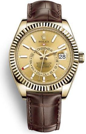 Rolex Sky-Dweller Champagne Dial Automatic 18kt Yellow Gold Mens Leather Watch 326138CSL