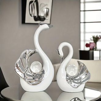 OEM Cisne Decorativo - Cer&aacute;mica Blanca Mate Y Acabado Plateado - Adorno Para Mueble De Tv - Par (grande 25 Cm + Peque&ntilde;o 17 Cm)
