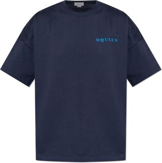 Alexander McQueen Tops, Heren, Blauw, XS, Katoen, Logo Oversized T-shirt