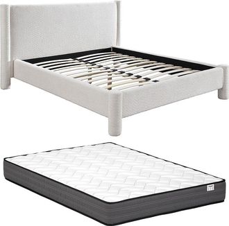 Vente-Unique Cama 180 x 200 cm - Tela rizada - Blanco + Colch&oacute;n - CONOMO