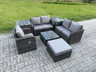 Fimous 7 Piece Garden Furniture Sets 6 Seater Outdoor Patio Furniture Set Weaving Wicker Rattan Sofa Chair & Table with 2 Side Tables Big Footstool