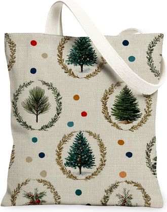 Generic Christmas Canvas Tote Bags, Festive Tree Pattern Reusable Shopping Bags, Rustic Holiday Eco-Friendly Lightweight Shoulder for Travel Grocery Outdoor 1