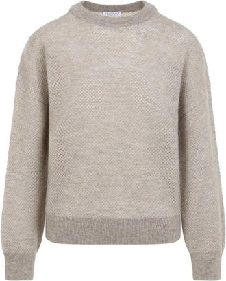 Brunello Cucinelli Trui met ronde hals van textuurgebreide stof - Dames - Ronde hals truien - Bruin - L - Wol - Truien & Vesten