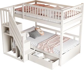 STILVORA Litera 2 Plazas Con Escalera De Almacenaje, Caj&oacute;n Y Barandilla Alta, 90 X 200 Cm, Sin Colch&oacute;n, Blanca
