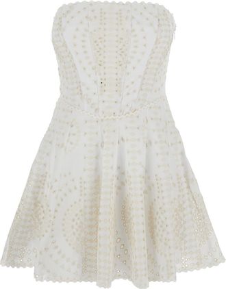 Charo Ruiz Ibiza clem White Dress With Flounce Skirt And All-over Embroidery In Cotton And Linen Blend Woman