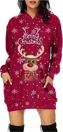 Generic Women Christmas Dress Merry Christmas Letters Snowflakes Wine Glass Xmas Prints Long Sleeve Hooded Loose Sweatshirt Dresses Outfits for Women (L)