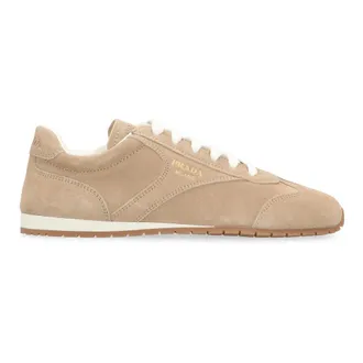 Prada Schoenen, Dames, Beige, 38 EU, Leer, Suede Sneakers