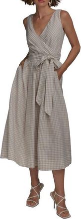 DKNY Gingham Linen Blend Faux-Wrap Midi Dress in Tuscan Grey at Nordstrom, Size 14